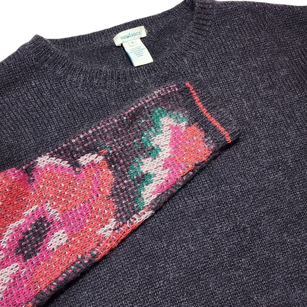 Sundance Floral Sleeve Sweater Wool Blend Crew Neck‎ Pullover Gray Small
